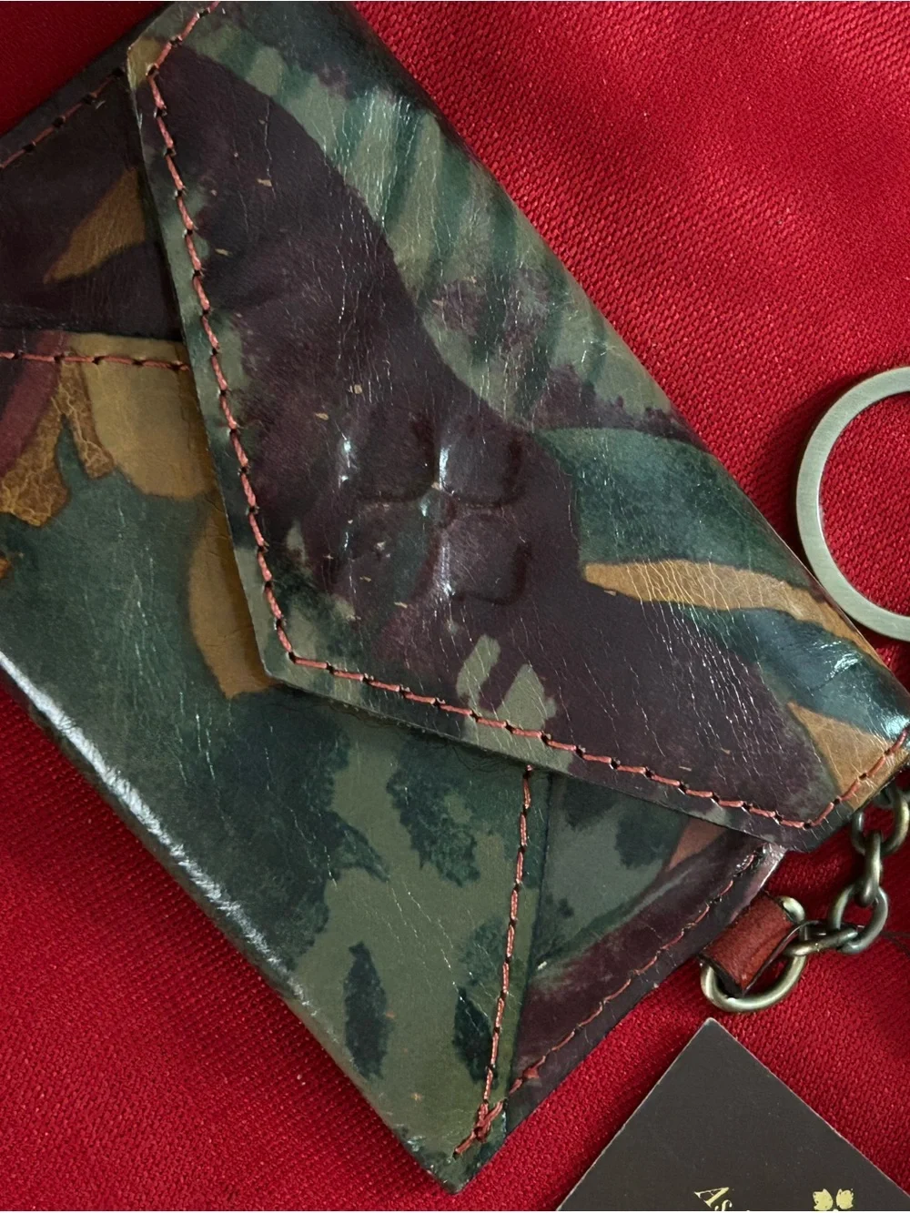 Patricia Nash Green and Brown Tropical Leather Card Wallet keychain
